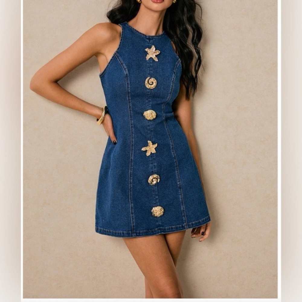 Mini Denim Dress Gold Button Deco Blue